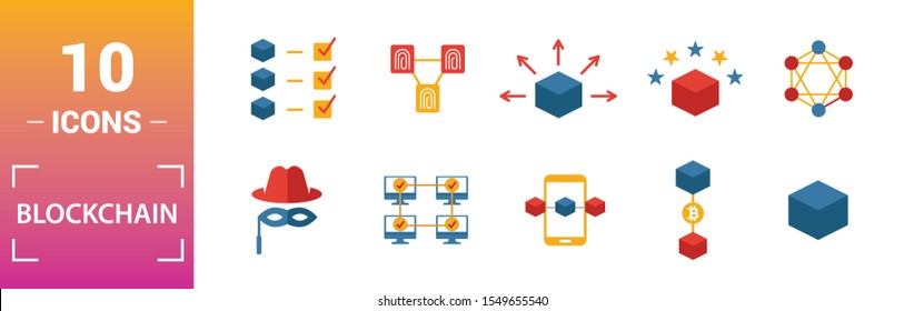Blockchain icon set. Include creative elements block, distribution, confirmation, anonymity, protocol icons. Can be used for report, presentation, diagram, web design.