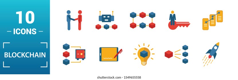 Blockchain icon set. Include creative elements block, distribution, confirmation, anonymity, protocol icons. Can be used for report, presentation, diagram, web design.