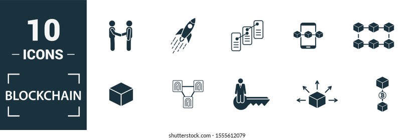 Blockchain icon set. Include creative elements block, distribution, confirmation, anonymity, protocol icons. Can be used for report, presentation, diagram, web design.
