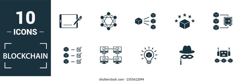 Blockchain icon set. Include creative elements block, distribution, confirmation, anonymity, protocol icons. Can be used for report, presentation, diagram, web design.