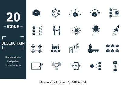 Blockchain icon set. Include creative elements block, distribution, confirmation, anonymity, protocol icons. Can be used for report, presentation, diagram, web design.
