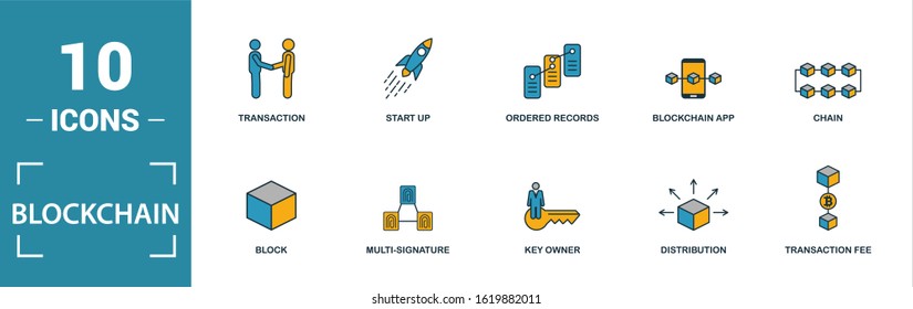 Blockchain icon set. Include creative elements block, distribution, confirmation, anonymity, protocol icons. Can be used for report, presentation, diagram, web design.