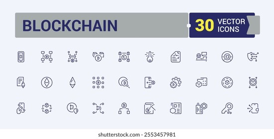 Blockchain icon set. Includes icons for network, icon, distributed, finance, outline, wallet, technology, sign. Outline icons pack. Editable stroke. Vector illustration.