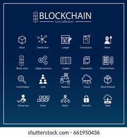 Blockchain icon set. information icon, analytics, cloud computing, blockchain, block, Distribution, Ledger, node, mining pool, Transaction icon