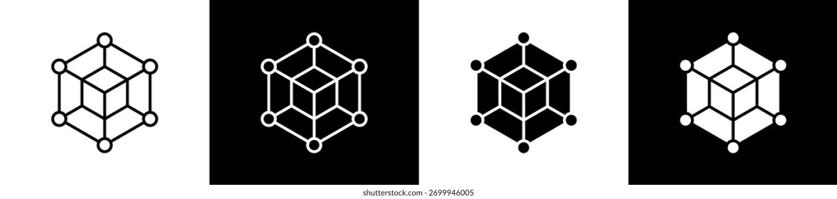 Conjunto de iconos de blockchain en línea y estilo de glifo sobre fondo blanco y negro