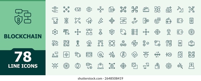 Conjunto de ícones de cadeia de blocos. Conjunto mínimo de ícones da Web de linha fina. Conjunto de ícones de cadeia. Pacote de rede, cadeia, tecnologia, dados, bitcoin, criptografia, fin e muito mais.