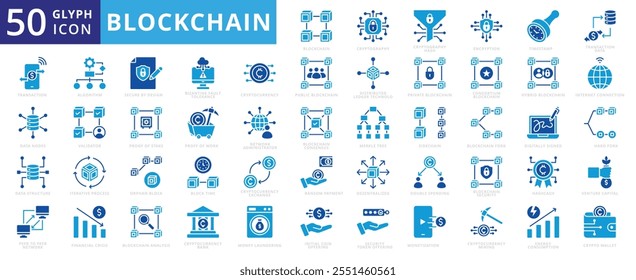 Blockchain ícone conjunto de mineração, criptografia, banco, câmbio, garfo, criptografia, híbrido, algoritmo, transação, descentralizado, crise financeira, conexão de internet, lavagem de dinheiro, ico, validação