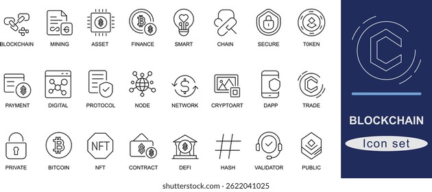 Blockchain icon set. A modern collection of 30 blockchain line icons including crypto, wallet, mining, NFT, smart contract, and token—perfect for tech, fintech, and web apps.