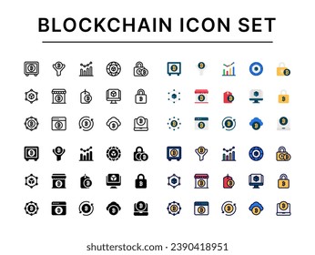 Blockchain icon set, Set of technology, safebox, funnel, padlock, laptop, icons