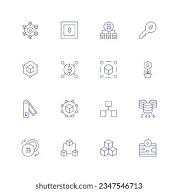 Blockchain Icon Set. Dünne Linie Symbol. Bearbeitbarer Strich. Enthält Blockchain, safe, Bitcoin, Schlüssel, Nft, Kryptowallet, Server, Austausch, Geldbörse.