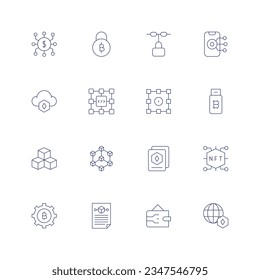 Blockchain icon set. Thin line icon. Editable stroke. Containing blockchain, bitcoin, mobile, cloud, block, pen drive, cubes, collection, nft, gear, digital wallet, world.