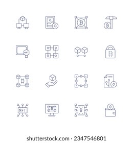 Blockchain icon set. Thin line icon. Editable stroke. Containing blockchain, art, bitcoin, mining, certificate, padlock, cryptocurrency, smart contract, nft, wallet.
