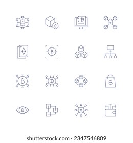 Conjunto de iconos de la cadena de bloqueo. Icono de línea delgada. Trazo editable. Consta de blockchain, Blockchain, bitcoin, lock, card, nodos, cryptocurrency, bolsa de compra, ojo, cartera.