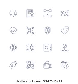 Blockchain Icon Set. Dünne Linie Symbol. Bearbeitbarer Strich. Enthält Blockchain, Bitcoin, Netzwerk, Cloud Computing, Preis, digitale Währung, Vertrag, Struktur, Hardware-Brieftasche, Verschlüsselung, Welt.