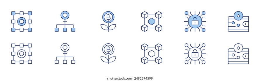 Blockchain icon set in two styles, Duotone and Thin Line style. Editable stroke. wallet, nodes, nft, cryptography, blockchain, growth.