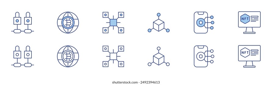 Blockchain icon set in two styles, Duotone and Thin Line style. Editable stroke. Blockchain, mobile, monitor, blockchain, world.