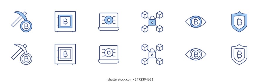 Blockchain icon set in two styles, Duotone and Thin Line style. Editable stroke. safe, laptop, eye, lock, mining, blockchain.