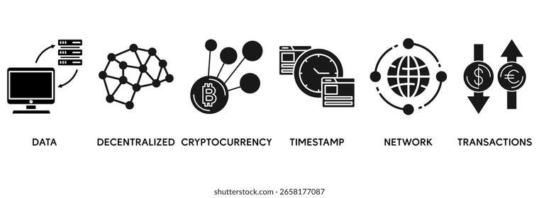 El concepto de Ilustración vectorial de conjunto de iconos de blockchain se relaciona con datos, criptomonedas descentralizadas, marcas de tiempo, redes y transacciones