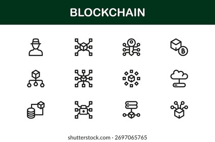 Blockchain Icon Set in Vector Style Featuring Cryptocurrency, Decentralized Network, Smart Contracts, and Digital Ledger Symbols