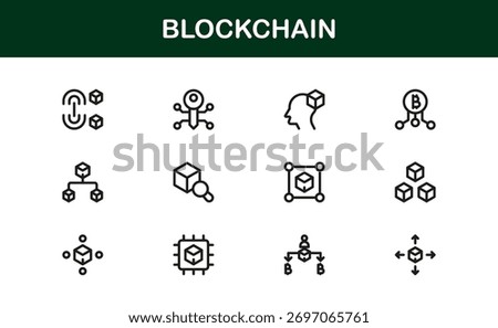 Blockchain Icon Set in Vector Style Featuring Cryptocurrency, Decentralized Network, Smart Contracts, and Digital Ledger Symbols