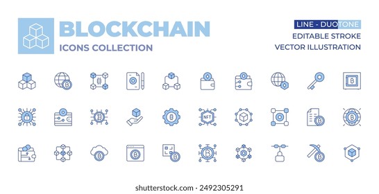 Blockchain icons collection. Line Duotone style, editable stroke. wallet, blockchain, settings, qr code, cryptocurrency, cryptography, cloud, software, digital wallet, world, contract.