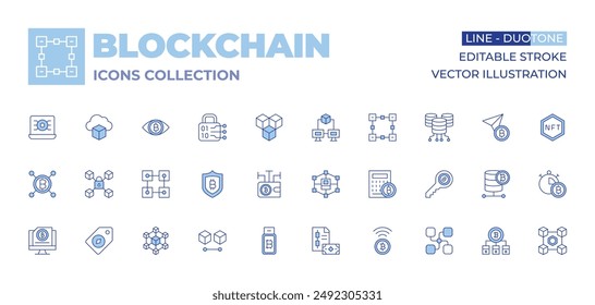 Colección de iconos de blockchain. Estilo Duotone de línea, trazo editable. bitcoin, nft, portátil, criptomoneda, blockchain, cartera, ojo, candado, pen drive, Precio, computación en la nube, cifrado.