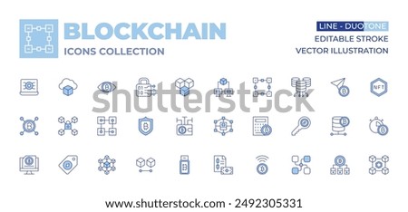 Blockchain icons collection. Line Duotone style, editable stroke. bitcoin, nft, laptop, cryptocurrency, blockchain, wallet, eye, lock, pen drive, price, cloud computing, encryption.