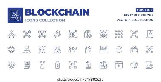 Blockchain icons collection. Thin Line icons, editable stroke. bitcoin, blockchain, art, cryptocurrency, nft, lock, nodes, smart contract, wallet, gear, pen drive.