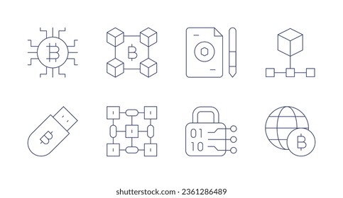 Blockchain icons. editable stroke. Containing digital currency, blockchain, contract, structure, hardware wallet, encryption, world.