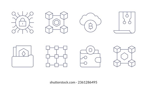 Blockchain icons. editable stroke. Containing cryptography, blockchain, cloud, smart contracts, folder, digital wallet, nft.