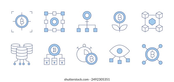 Blockchain icons. Line Duotone style, editable stroke. server, nodes, bitcoin, nft, blockchain, growth, timer, vision.