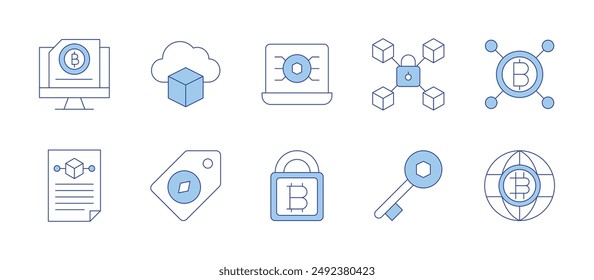 Blockchain icons. Line Duotone style, editable stroke. bitcoin, laptop, lock, padlock, blockchain, world, price, cloud computing, key.