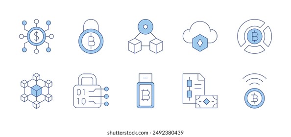 Blockchain icons. Line Duotone style, editable stroke. cryptocurrency, blockchain, bitcoin, chart, pen drive, cloud, encryption.