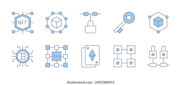 Blockchain icons. Line Duotone style, editable stroke. blockchain, cards, nft, block, digital currency, key.