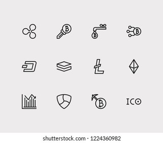 Blockchain icons set. Coin faucet and blockchain icons with ethereum, transaction and nem. Set of identity for web app logo UI design.