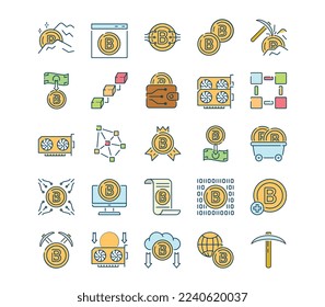 Blockchain icons set. Collection of minimalistic graphic elements for website. Passive income and cryptocurrency mining concept. Cartoon flat vector illustrations isolated on white background
