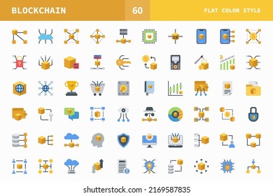 Blockchain icons set flat color of vector icons. Can used for digital product, presentation, UI and many more.