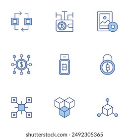 Blockchain icons set. Line Duotone style, editable stroke. nft, Blockchain, wallet, art, pen drive, blockchain, bitcoin.