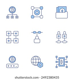 Blockchain icons set. Line Duotone style, editable stroke. blockchain, bitcoin, password, folder, world.