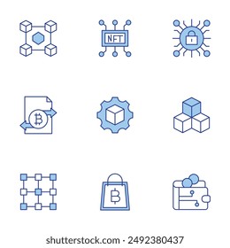 Blockchain icons set. Line Duotone style, editable stroke. blockchain, shopping bag, nft, cryptography, digital wallet, transaction.