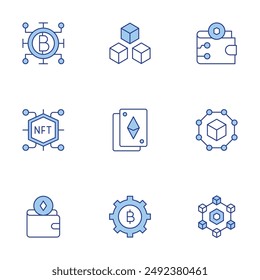 Blockchain icons set. Line Duotone style, editable stroke. blockchain, cryptocurrency, cards, wallet, digital wallet, nft, gear.