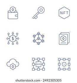Blockchain-Symbole gesetzt. Thin Line-Symbole, bearbeitbare Kontur. Wallet, Blockchain, Kollektion, Block, Cloud, Key, nft.