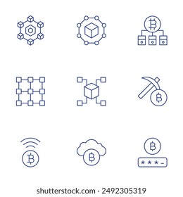 Blockchain icons set. Thin Line icons, editable stroke. bitcoin, blockchain, cloud, mining, password.