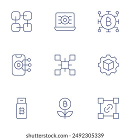 Blockchain icons set. Thin Line icons, editable stroke. blockchain, cryptocurrency, laptop, growth, mobile, pen drive.