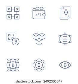 Conjunto de iconos de cadena de bloques. Iconos de línea fina, trazo editable. bitcoin, blockchain, código qr, tarjetas, ojo, nft, Configuraciones, cartera.