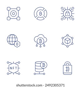 Blockchain icons set. Thin Line icons, editable stroke. blockchain, chart, cryptography, bitcoin, cloud, database, nft, world.