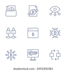 Conjunto de iconos de cadena de bloques. Iconos de línea fina, trazo editable. carpeta, blockchain, conexión, moneda digital, monitor, software, transacción, visión.