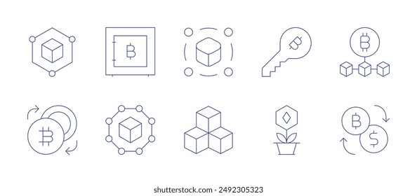 Blockchain icons. Thin Line style, editable stroke. blockchain, safe, exchange, key, nft.