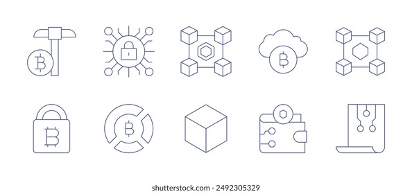 Blockchain icons. Thin Line style, editable stroke. cloud, digital wallet, block, blockchain, chart, cryptography, mining, padlock, nft, smart contracts.