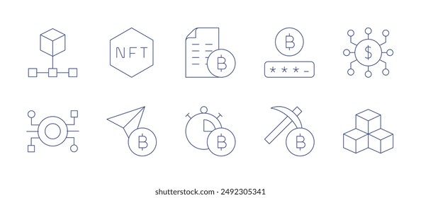 Blockchain icons. Thin Line style, editable stroke. nft, send, network, seed phrase, structure, timer, mining, password, blockchain, cubes.
